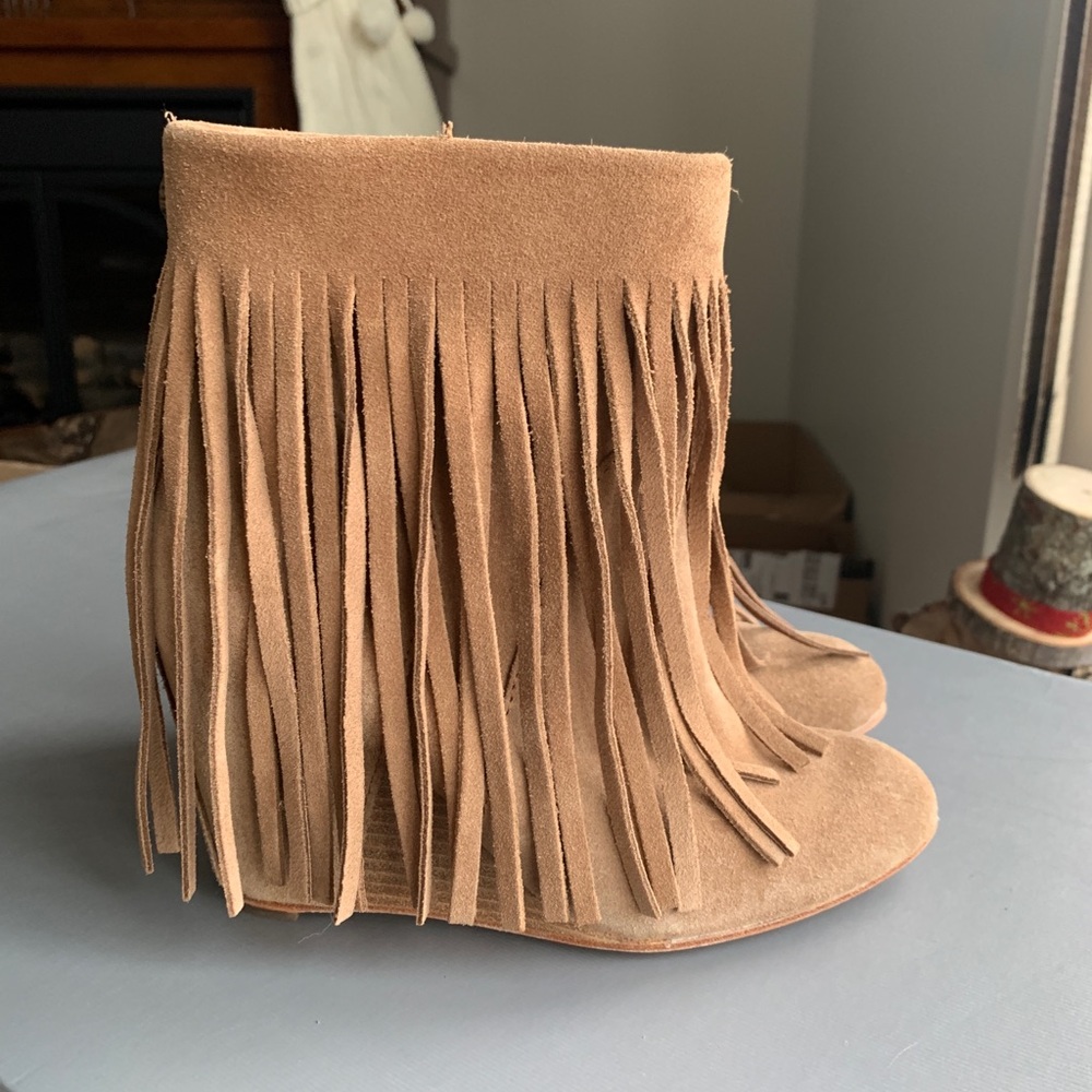 Fringe wedge booties